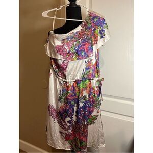 100% Silk Halston Heritage Women's Floral One Sleeve Ruffle Dress